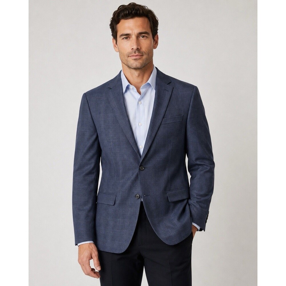 Calvin Klein Blue Plaid Windowpane Sport Coat Blazer Mens 38R Slim Fit Business